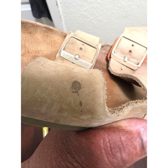 Birkenstock Arizona Beige/Brown Leather Cork Sole Double Strap Buckle Women's Si - Picture 12 of 13